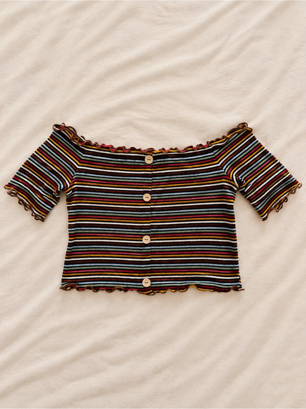 Two Multicolor Striped Off-Shoulder Button Crop Top - Picture 2 of 2
